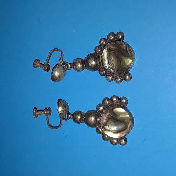 2 Vintage 1960s Mexican Sterling Silver Abalone Earrings - Picture 1 of 9